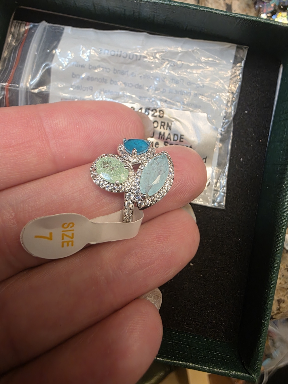 RARE UNICORN Blue & Aqua Triple Stone Ring - Size 7
